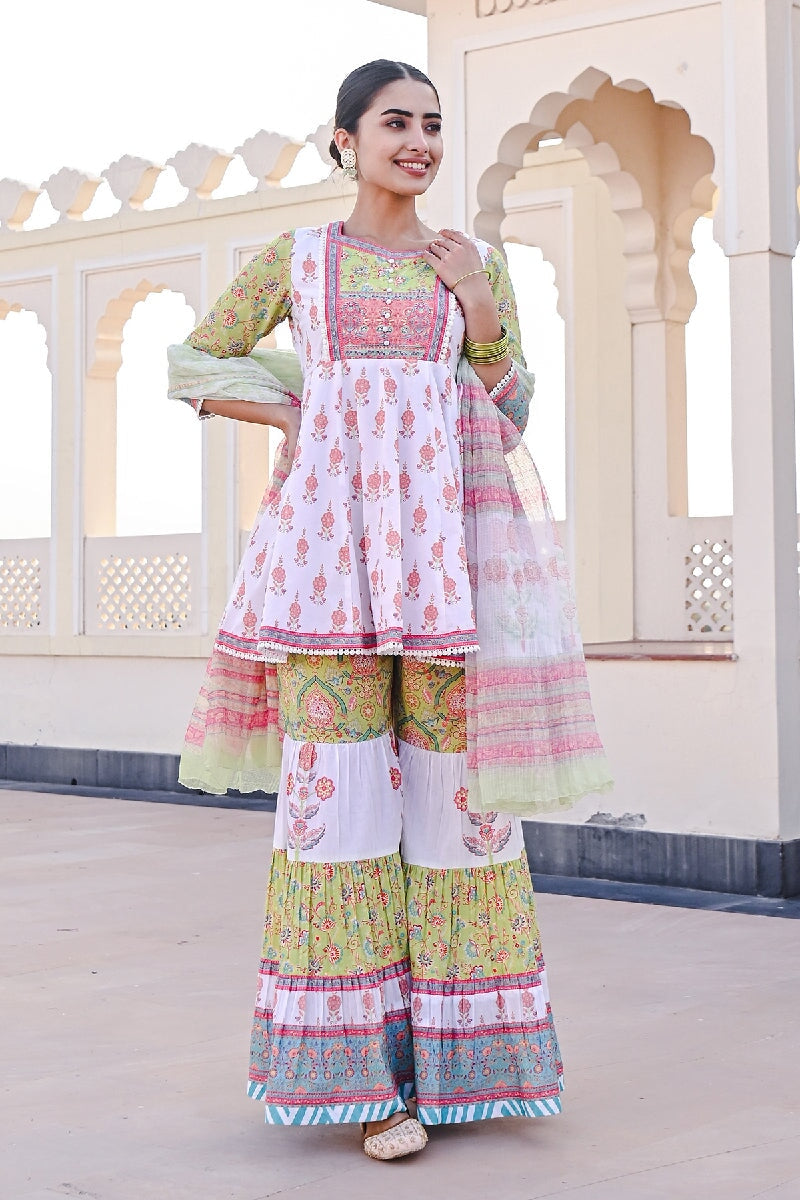 Laila Printed Green-White Sequins Flared Kurta With Sharara & Dupatta