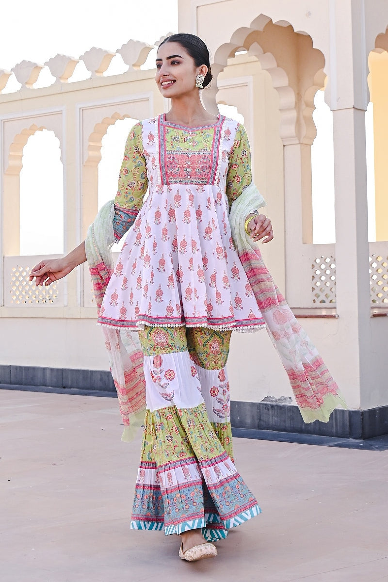 Laila Printed Green-White Sequins Flared Kurta With Sharara & Dupatta