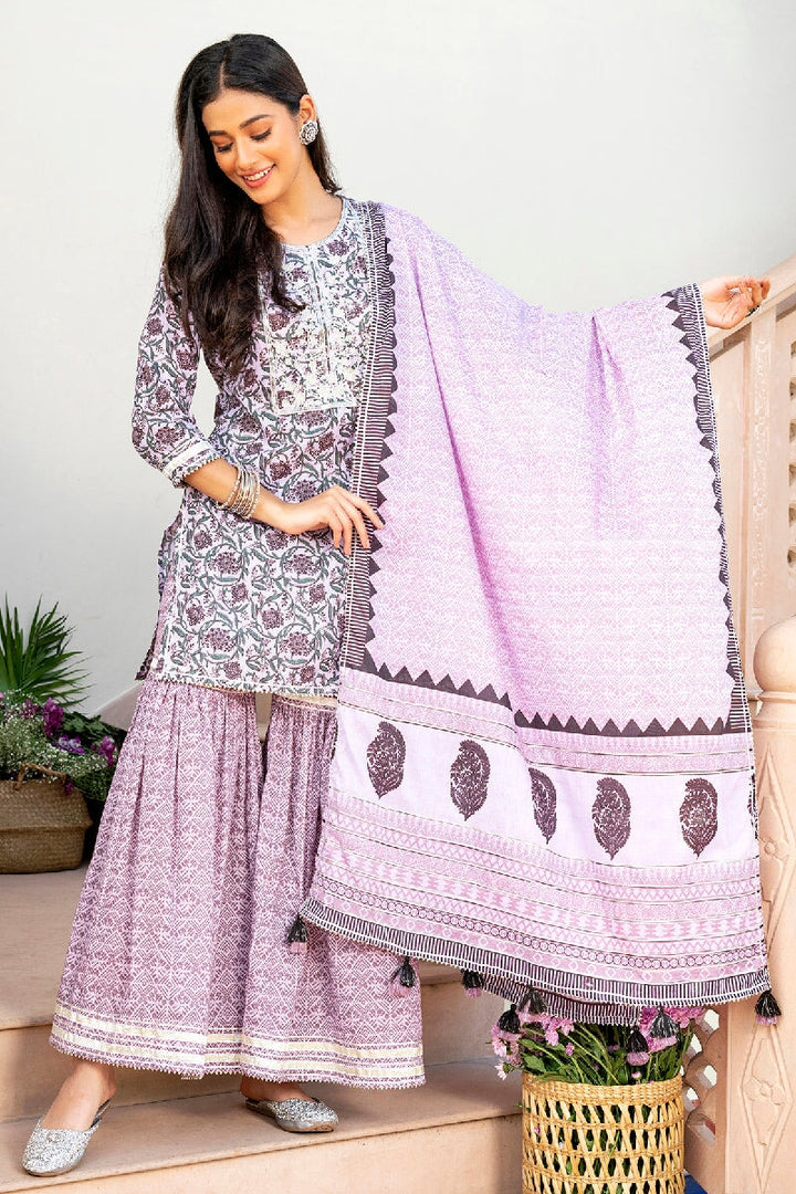 Lubna Printed Light Purple Embroidered Straight Kurta With Sharara & Dupatta