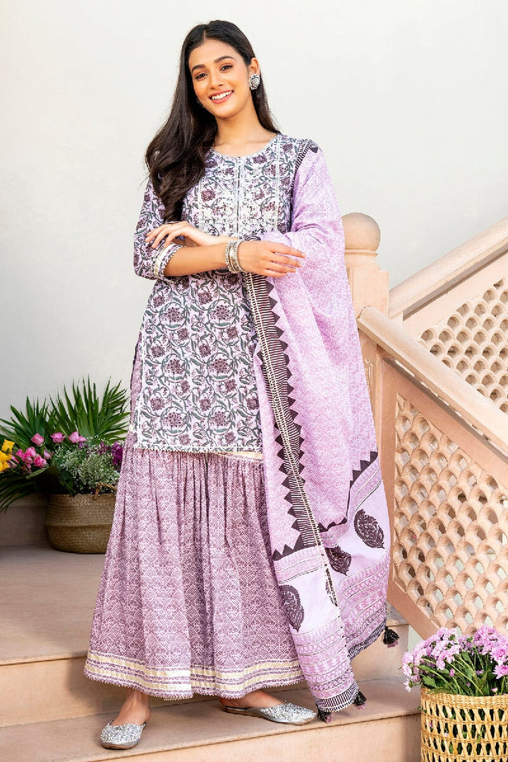 Lubna Printed Light Purple Embroidered Straight Kurta With Sharara & Dupatta