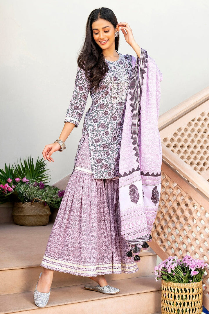 Lubna Printed Light Purple Embroidered Straight Kurta With Sharara & Dupatta