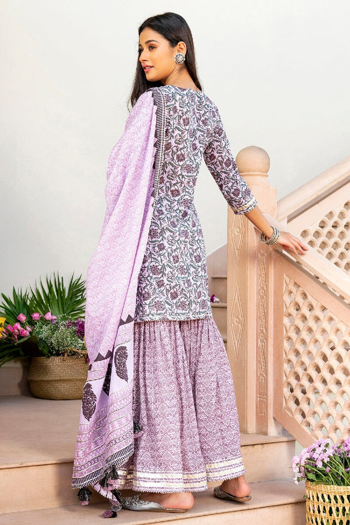 Lubna Printed Light Purple Embroidered Straight Kurta With Sharara & Dupatta