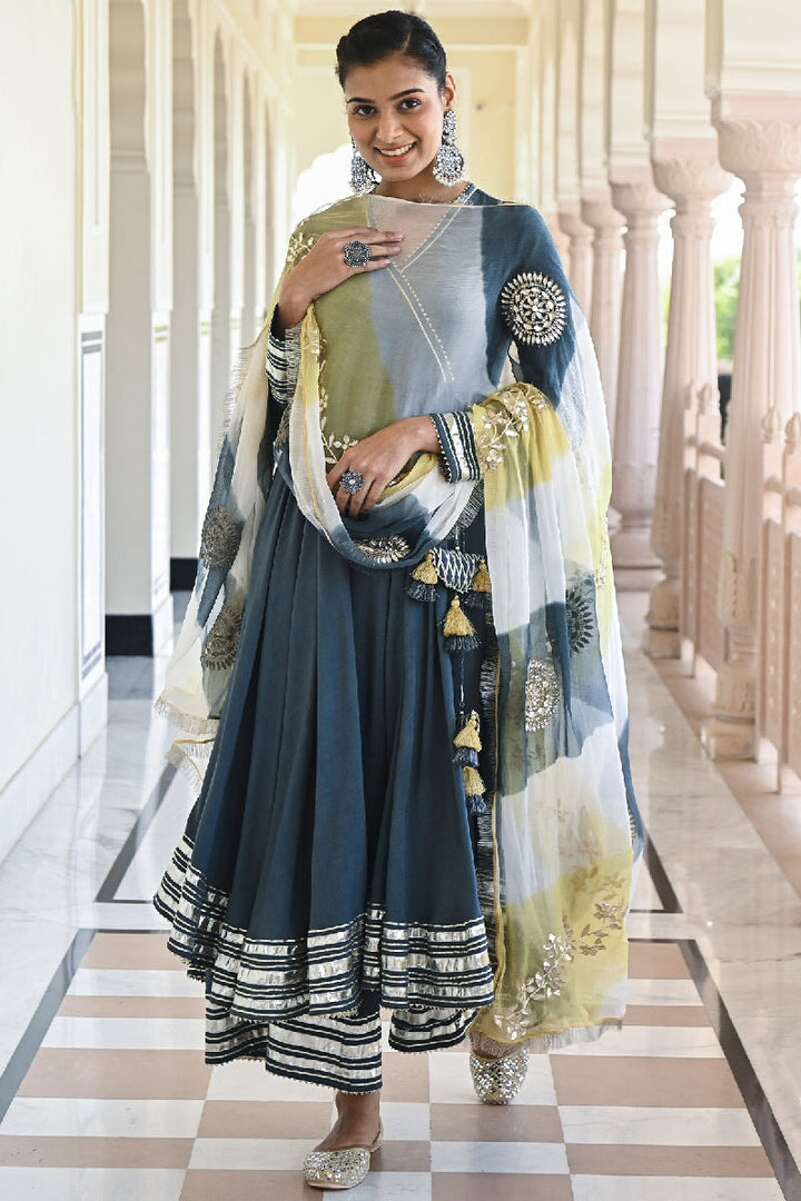 Maddham Solid Grey Angrakha Flared Kurta With Pant & Gota Patti Dupatta