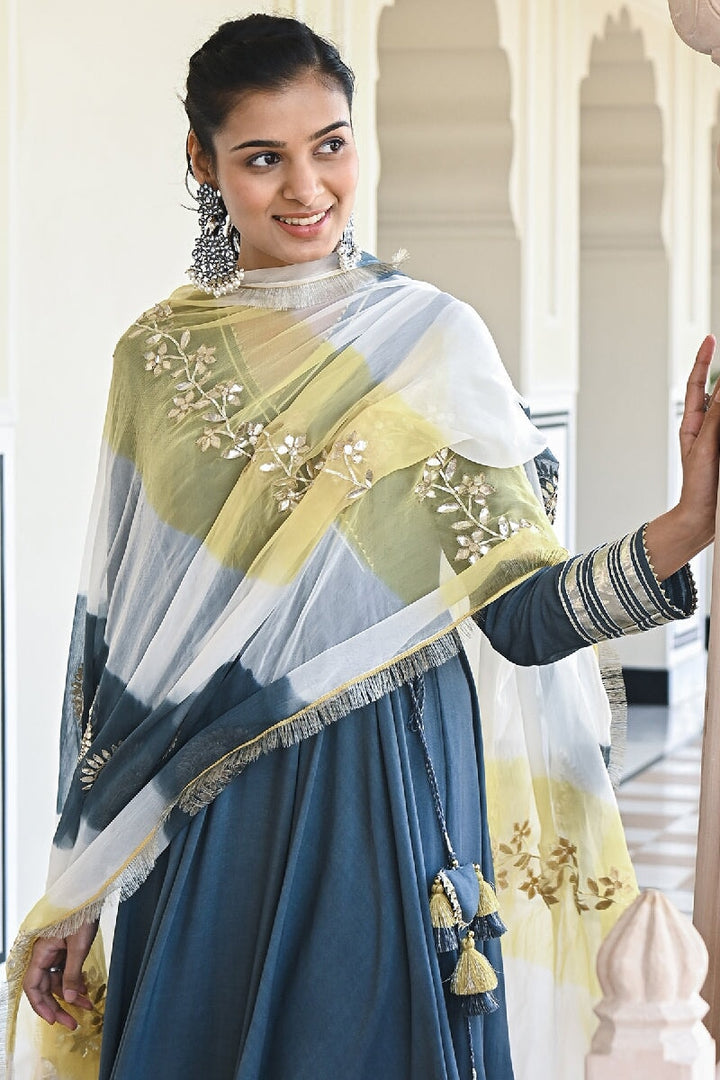 Maddham Solid Grey Angrakha Flared Kurta With Pant & Gota Patti Dupatta