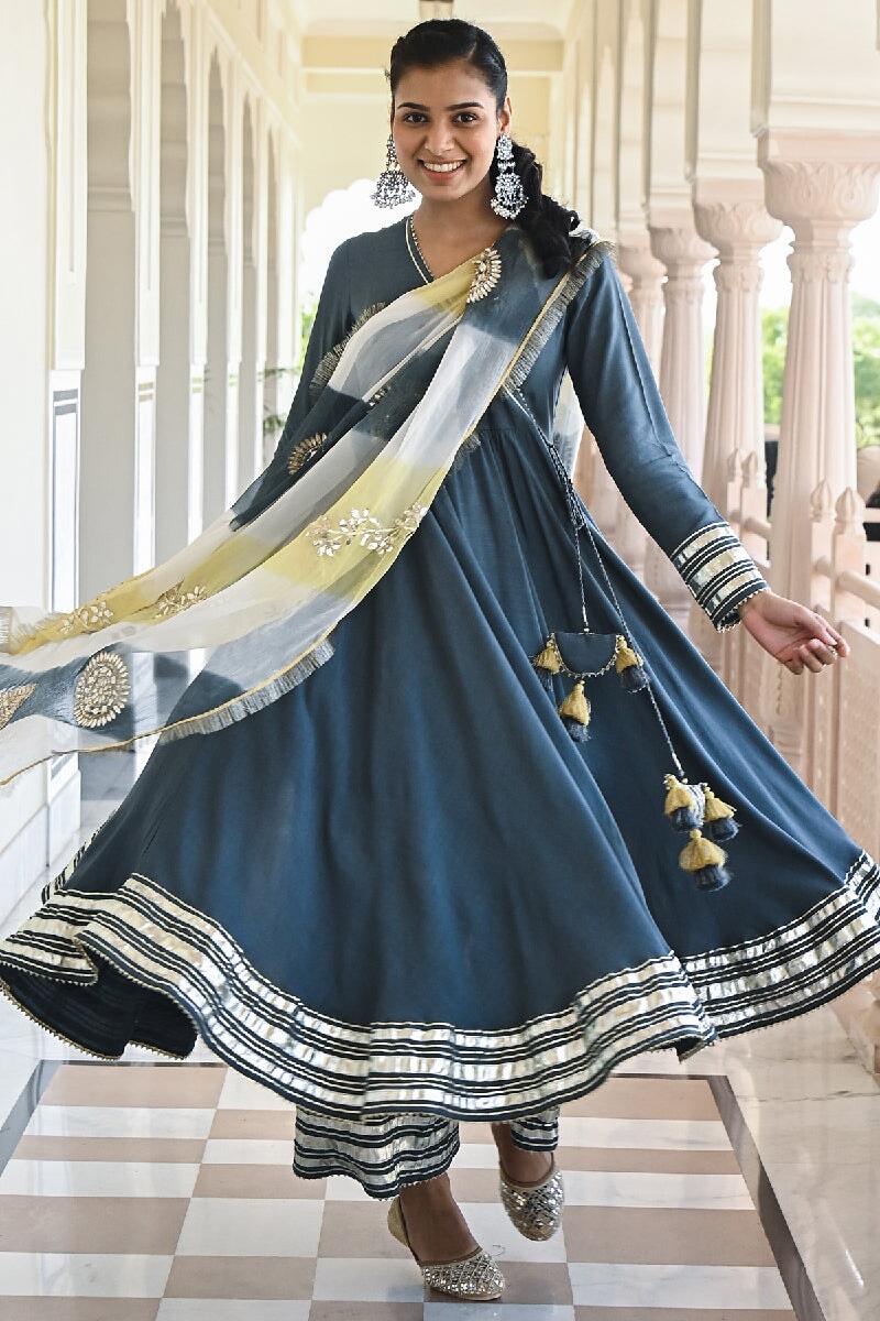 Maddham Solid Grey Angrakha Flared Kurta With Pant & Gota Patti Dupatta