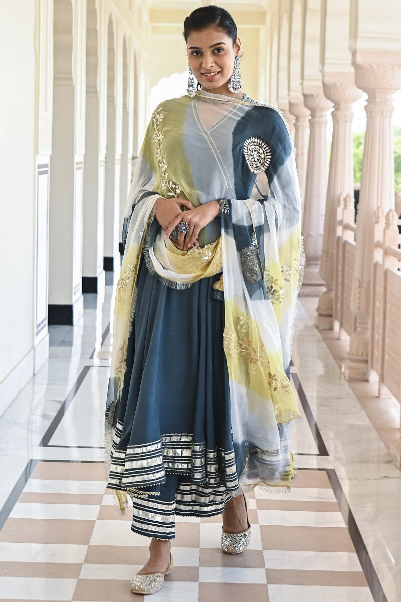 Maddham Solid Grey Angrakha Flared Kurta With Pant & Gota Patti Dupatta