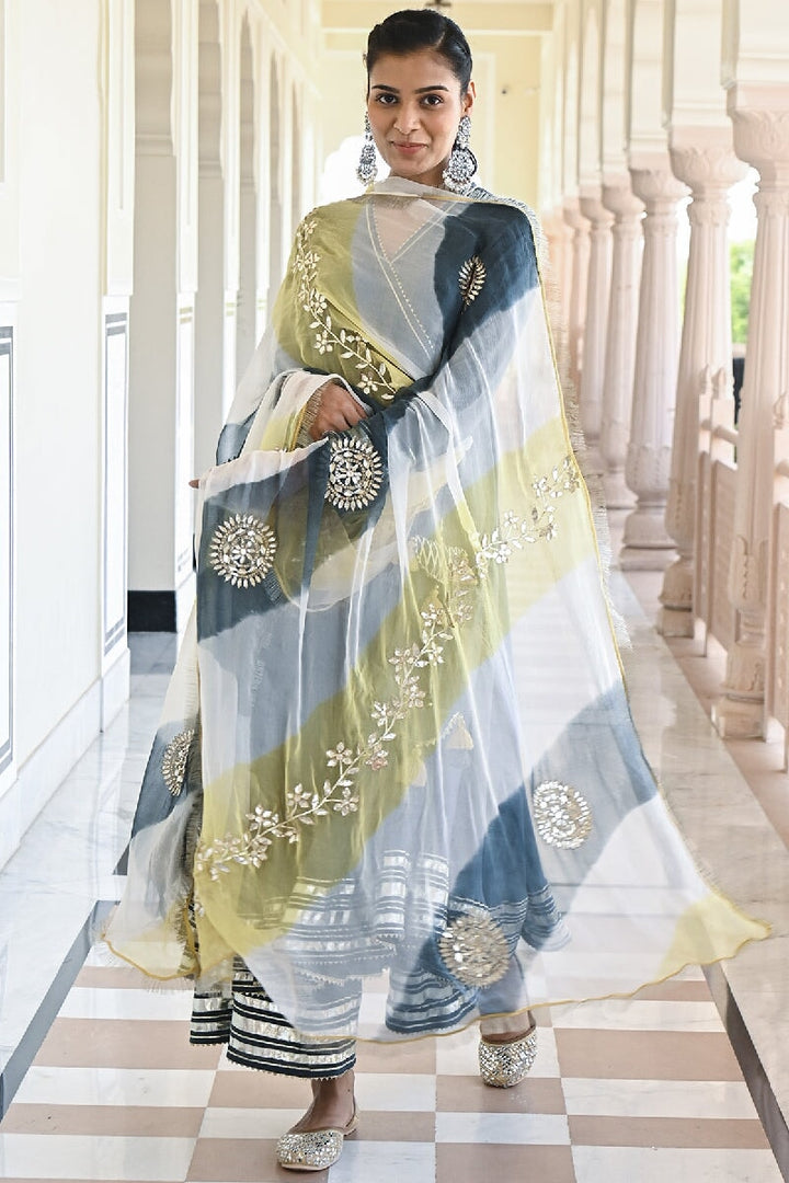 Maddham Solid Grey Angrakha Flared Kurta With Pant & Gota Patti Dupatta