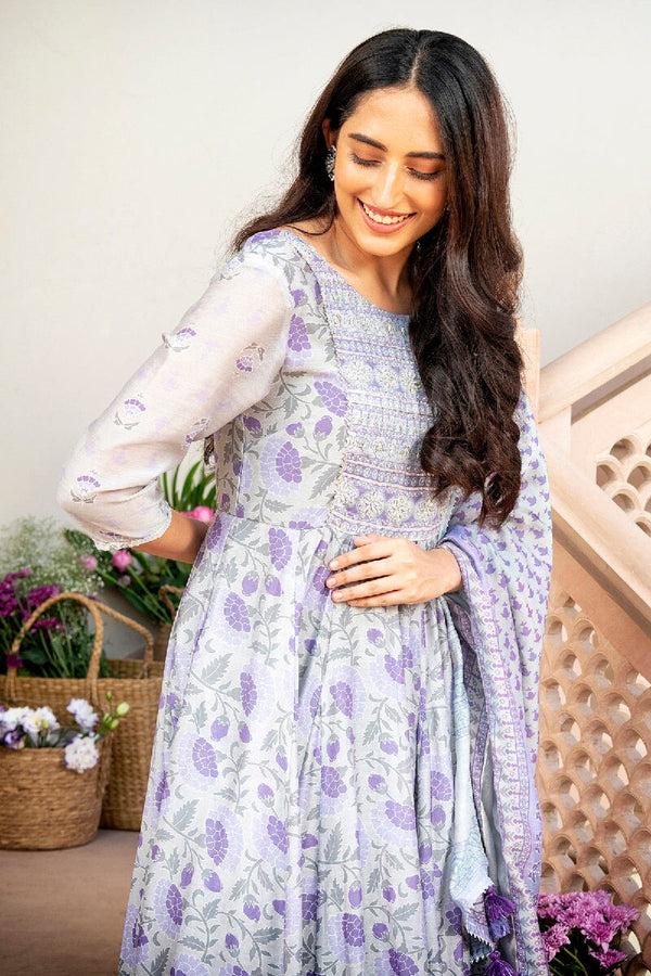 Maithili Printed Light Purple Embroidered Flared Kurta With Pant & Dupatta