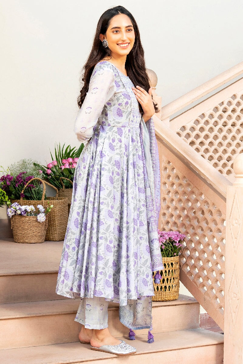 Maithili Printed Light Purple Embroidered Flared Kurta With Pant & Dupatta