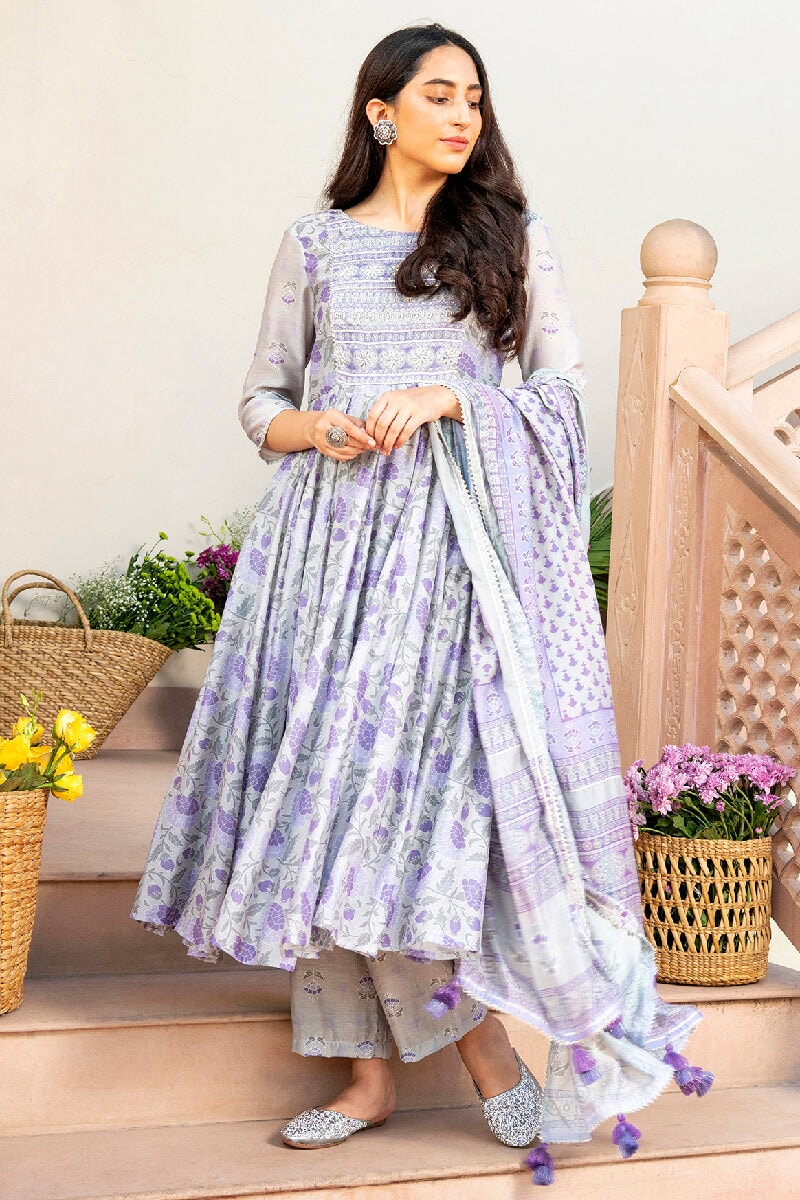 Maithili Printed Light Purple Embroidered Flared Kurta With Pant & Dupatta