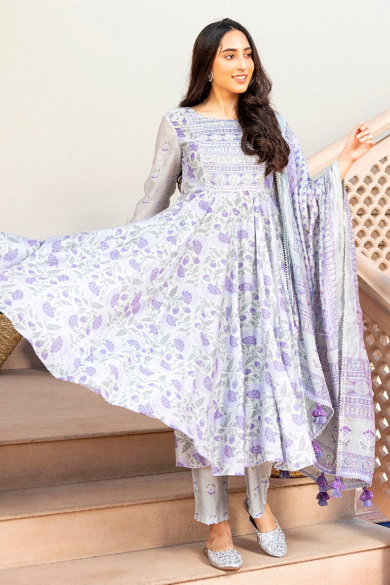 Maithili Printed Light Purple Embroidered Flared Kurta With Pant & Dupatta