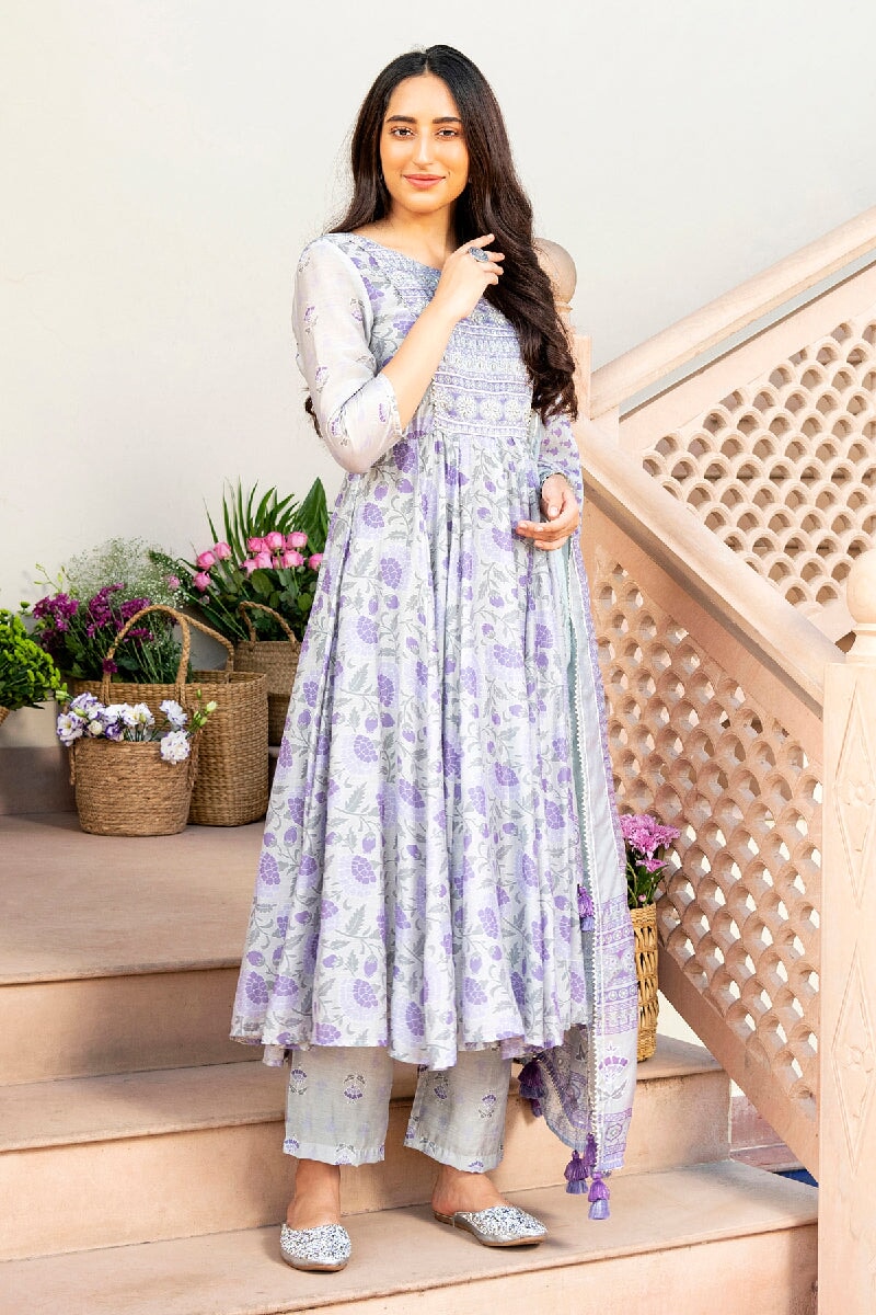 Maithili Printed Light Purple Embroidered Flared Kurta With Pant & Dupatta