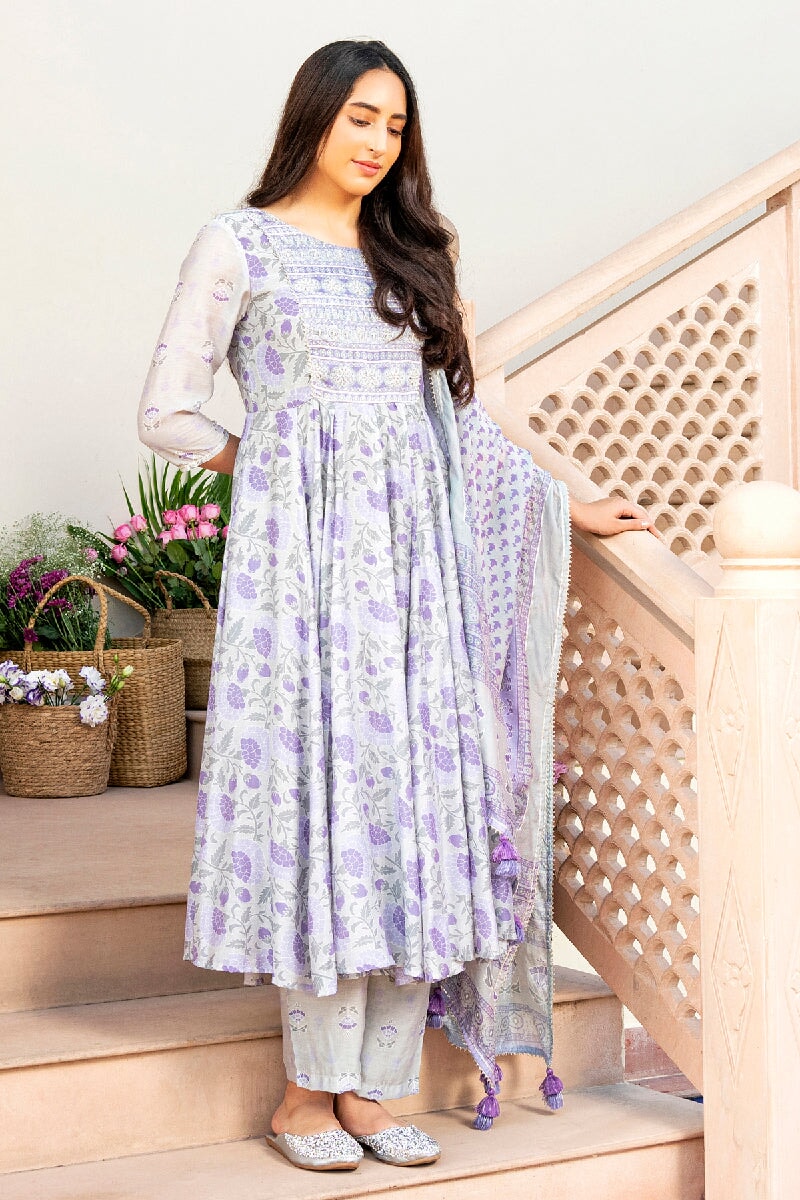 Maithili Printed Light Purple Embroidered Flared Kurta With Pant & Dupatta