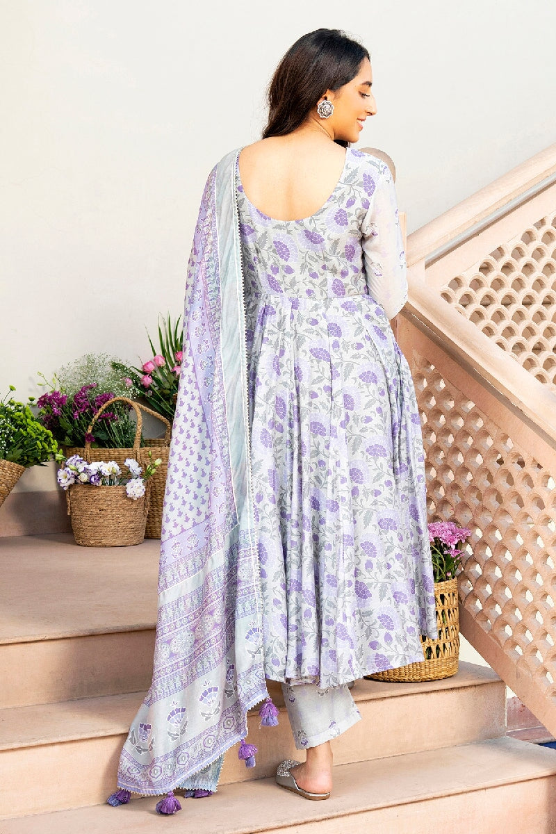 Maithili Printed Light Purple Embroidered Flared Kurta With Pant & Dupatta