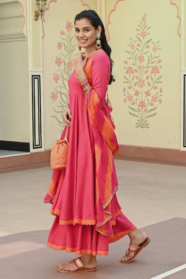 Marudhar Pink-Orange Embroidered Angrakha Kurta With Pant & Dupatta
