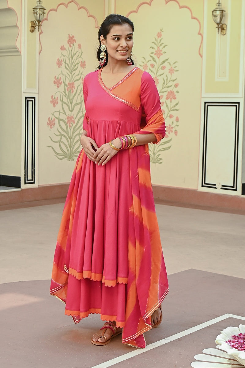 Marudhar Pink-Orange Embroidered Angrakha Kurta With Pant & Dupatta