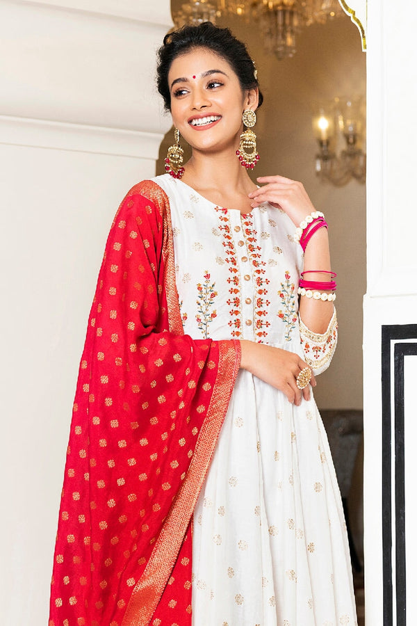 Mehjabeen White Rogan Embroidered Flared Kurta With Pant & Silk Dupatta