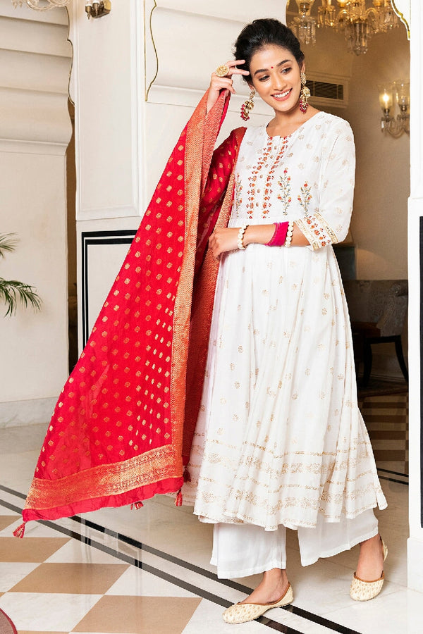 Mehjabeen White Rogan Embroidered Flared Kurta With Pant & Silk Dupatta