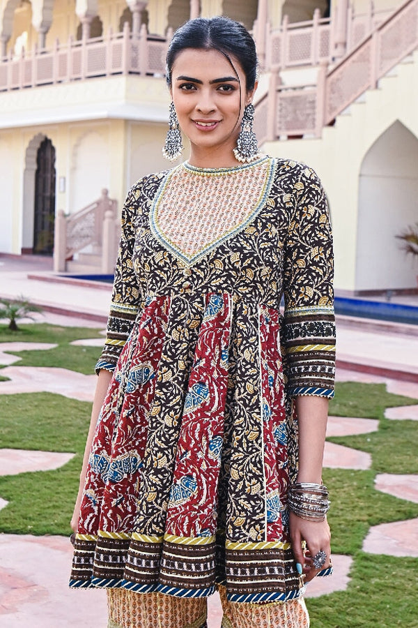 Mehrab Printed Maroon Embroidered Flared Kurta & Sharara