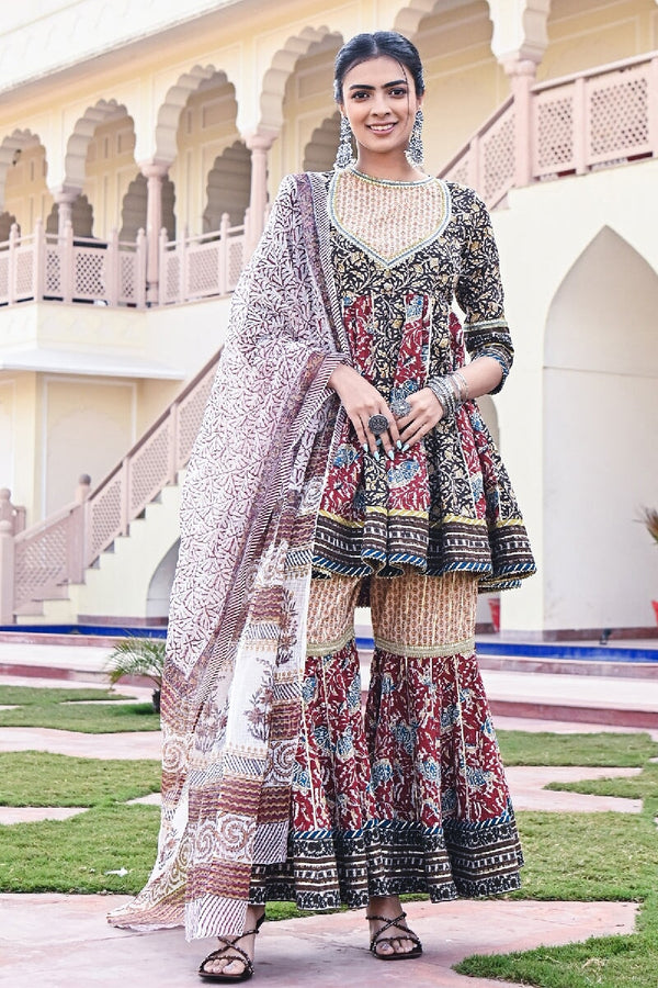 Mehrab Printed Maroon Embroidered Flared Kurta & Sharara