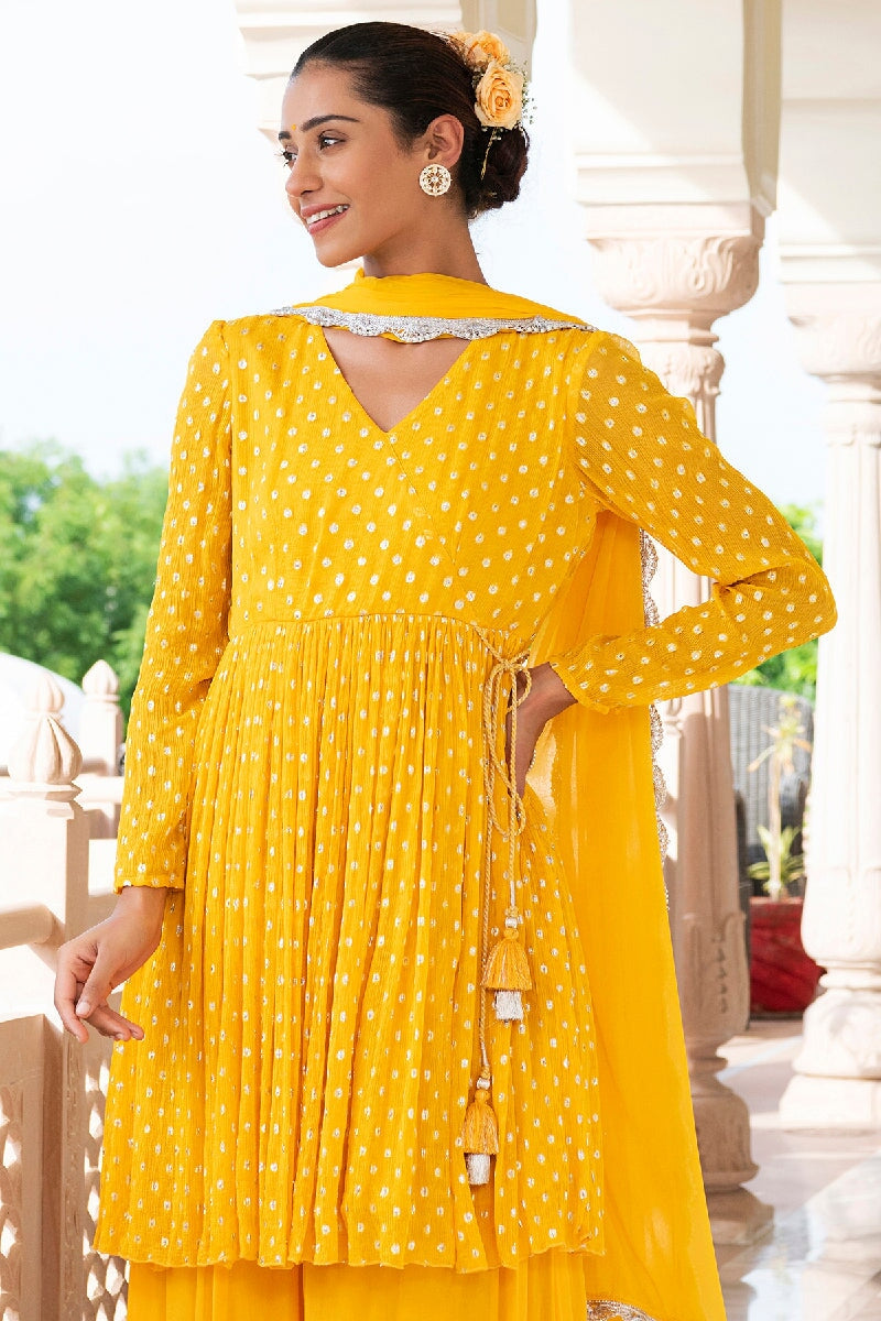 Mehreen Yellow Lurex Flared Kurta With Sharara & Dupatta