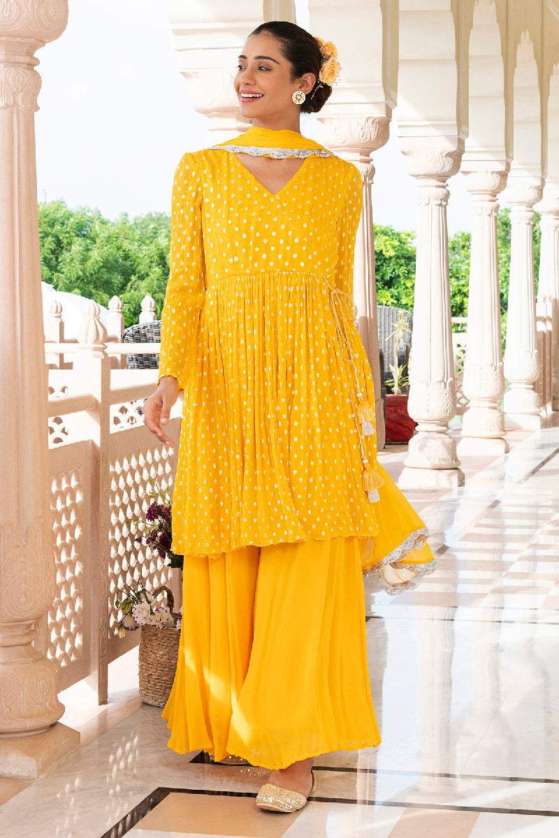 Mehreen Yellow Lurex Flared Kurta With Sharara & Dupatta