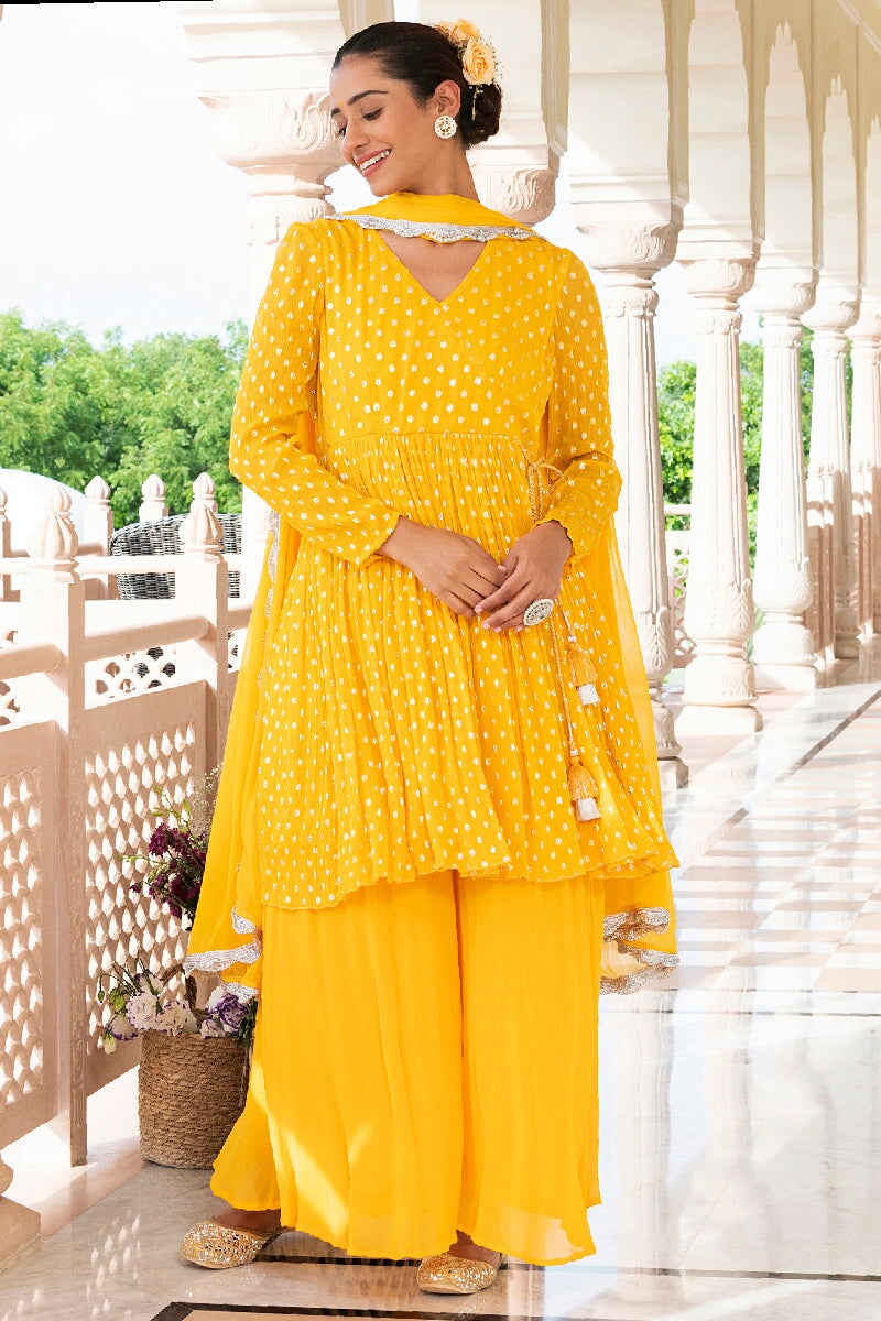 Mehreen Yellow Lurex Flared Kurta With Sharara & Dupatta