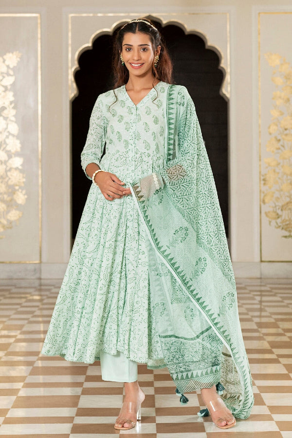 ORCHID BLOOM Women's Cotton Printed Kurta Suit Set With Palazo & Dupatta | Flared Ethnic Wear