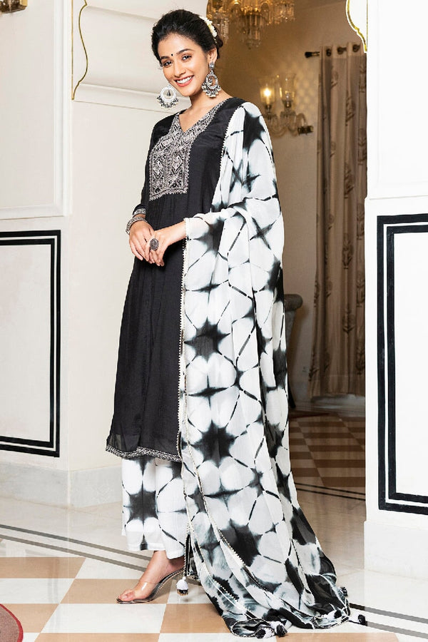 Nadira Black Embroidered Kurta With Tie-Dye Pant & Dupatta