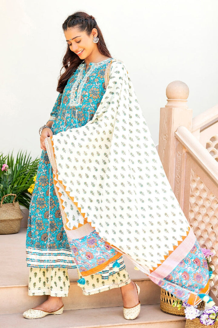 Nazreen Printed Blue Embroidered Flared Kurta With Pant & Dupatta
