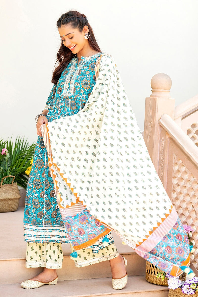 Nazreen Printed Blue Embroidered Flared Kurta With Pant & Dupatta