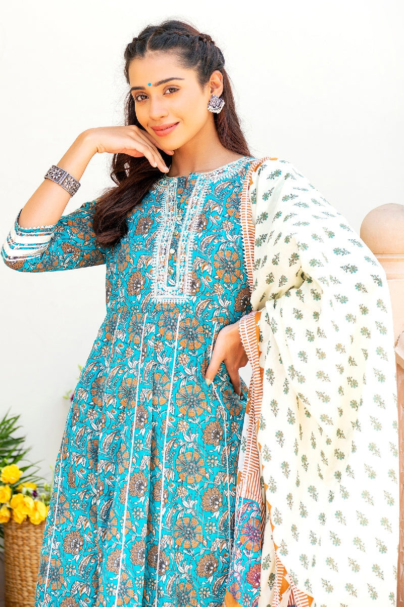 Nazreen Printed Blue Embroidered Flared Kurta With Pant & Dupatta