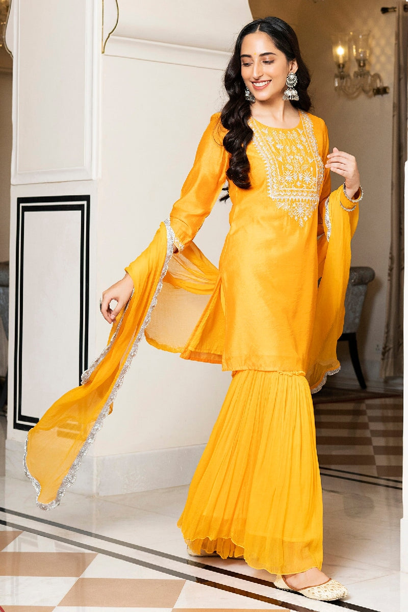 Noori Yellow Embroidered Kurta With Sharara & Dupatta