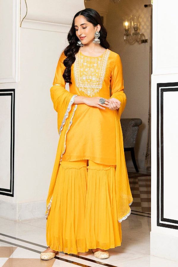 Noori Yellow Embroidered Kurta With Sharara & Dupatta