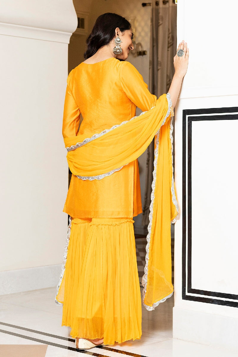 Noori Yellow Embroidered Kurta With Sharara & Dupatta