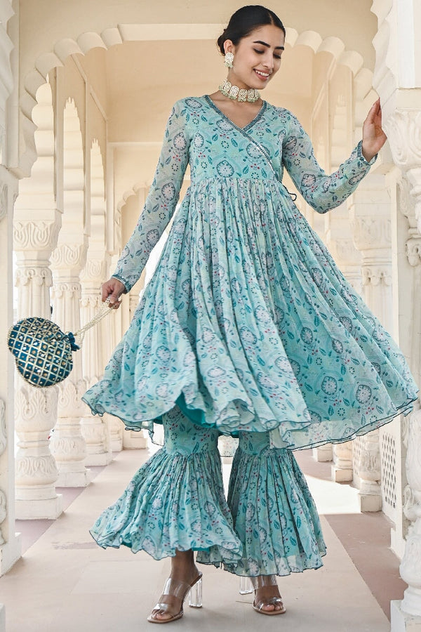 Noor Printed Blue Sequins Angrakha Flared Kurta & Sharara