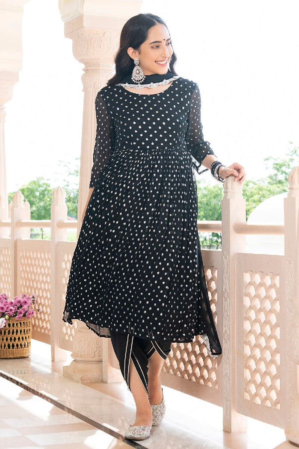 Nuriyah Black Lurex Flared Kurta With Dhoti & Dupatta