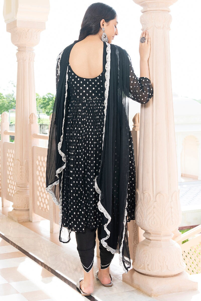 Nuriyah Black Lurex Flared Kurta With Dhoti & Dupatta