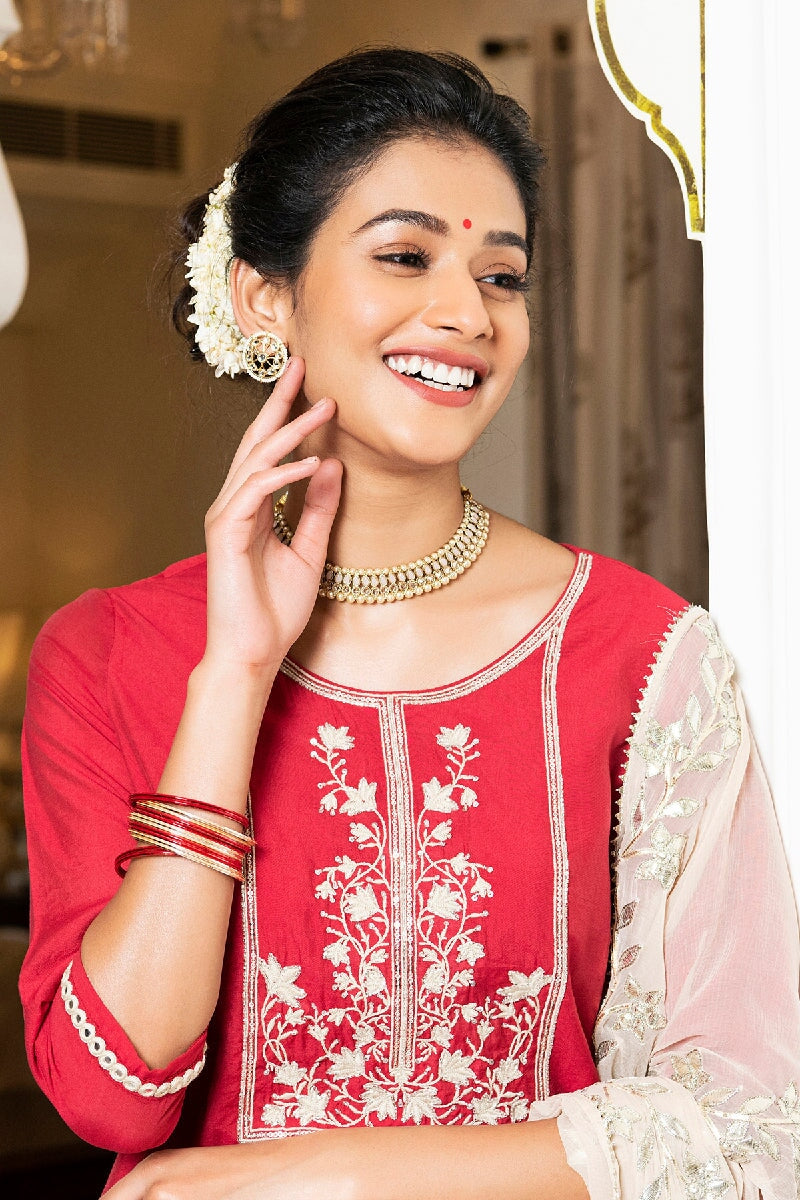 Pakhi Red Embroidered Kurta With Pant & Dupatta