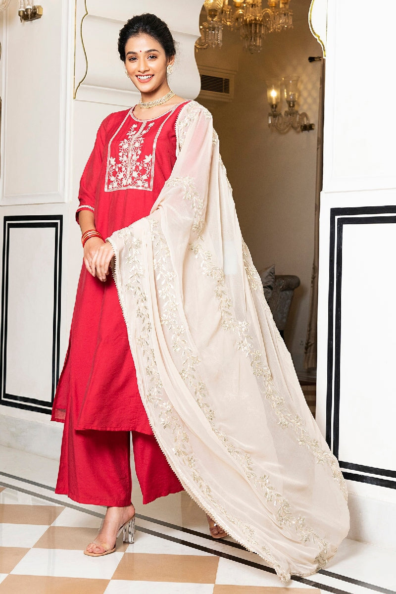 Pakhi Red Embroidered Kurta With Pant & Dupatta