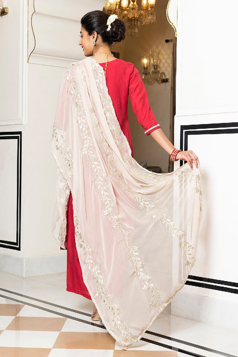 Pakhi Red Embroidered Kurta With Pant & Dupatta