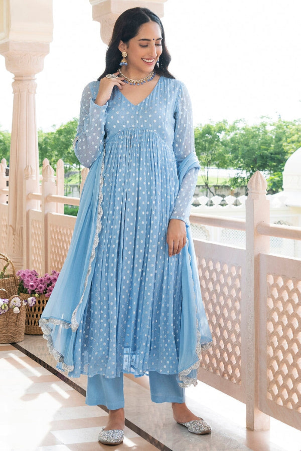 Pashmeena Light Blue Lurex Flared Kurta With Pant & Dupatta