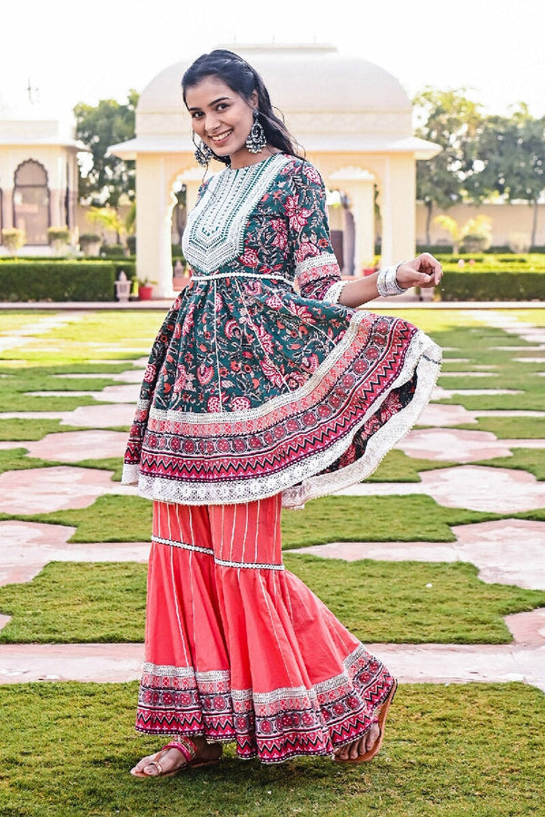 Pashto Printed Deep Green-Pink Embroidered Flared Kurta & Sharara