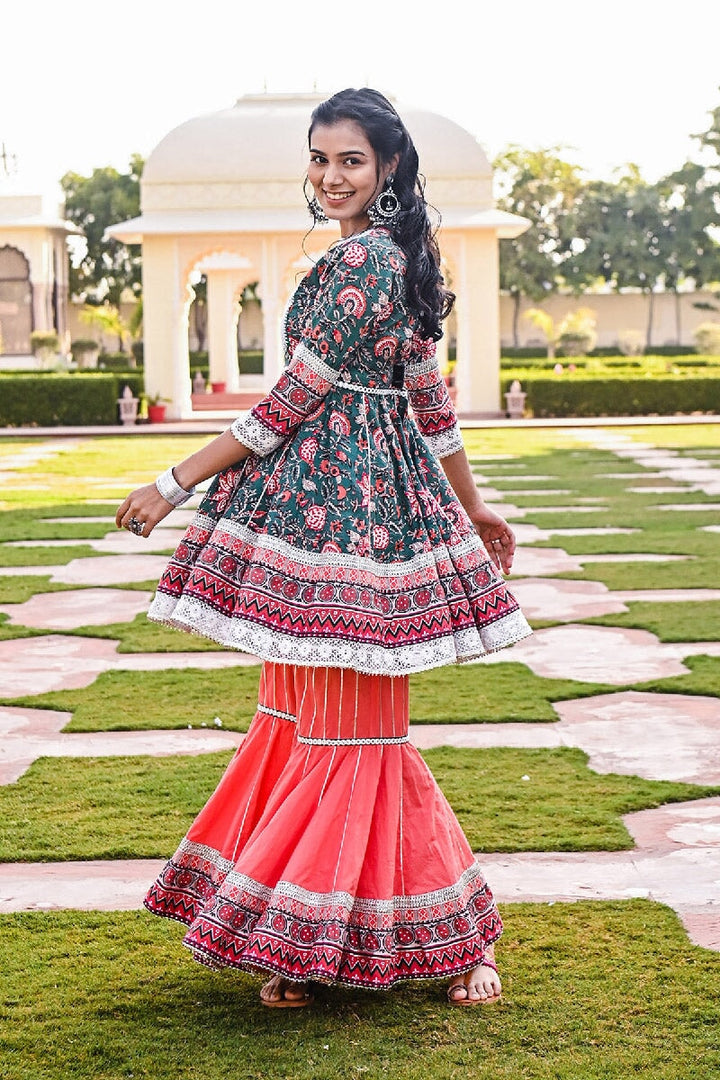 Pashto Printed Deep Green-Pink Embroidered Flared Kurta & Sharara