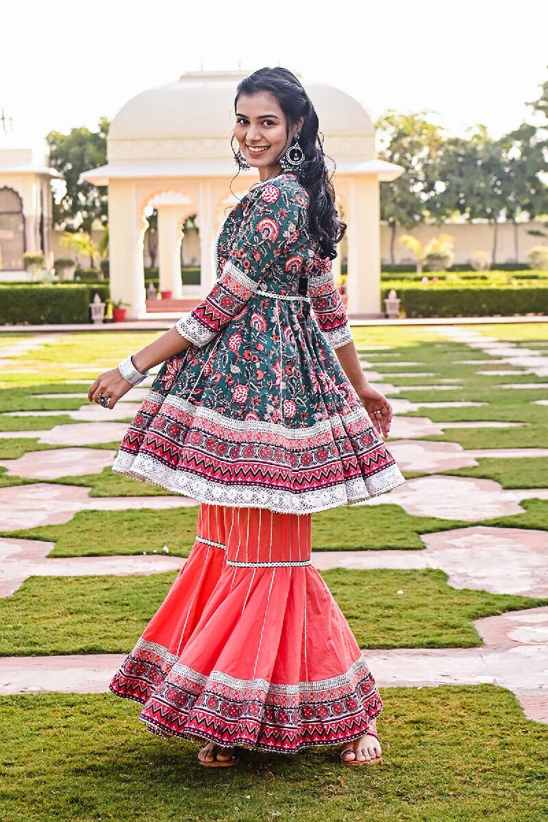 Pashto Printed Deep Green-Pink Embroidered Flared Kurta & Sharara