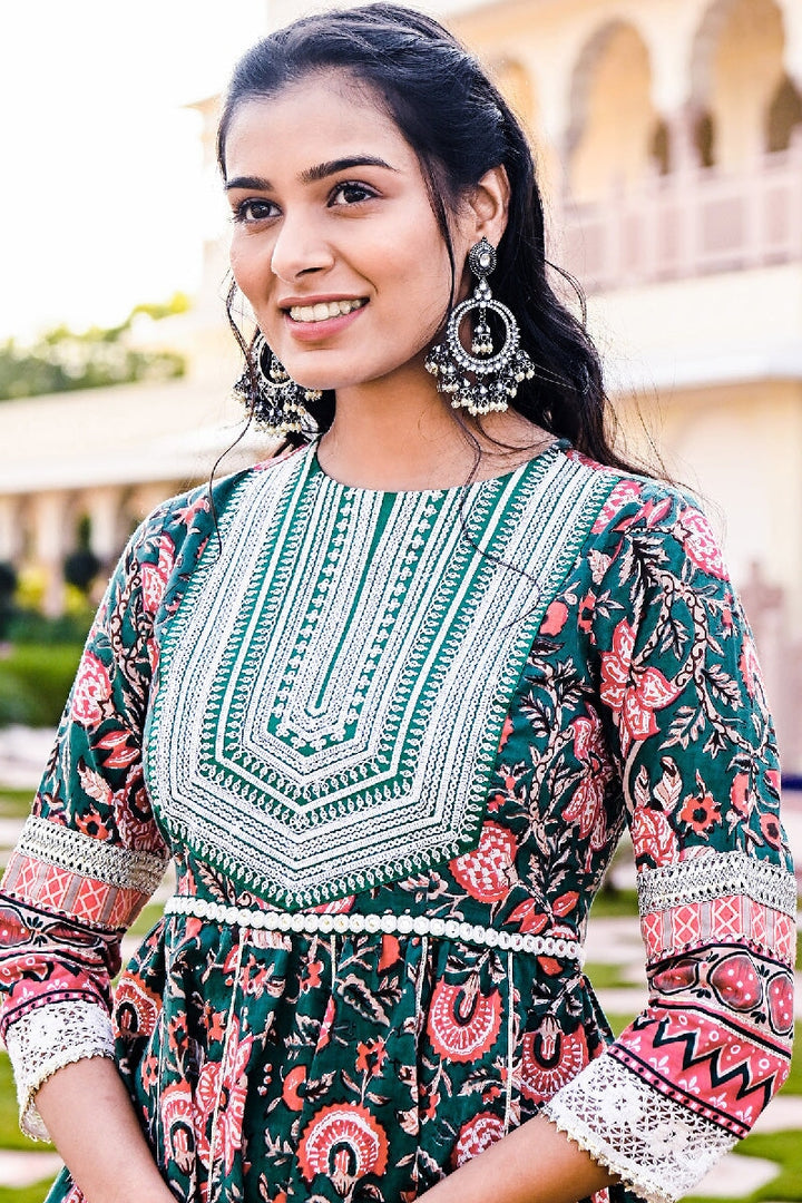 Pashto Printed Deep Green-Pink Embroidered Flared Kurta & Sharara