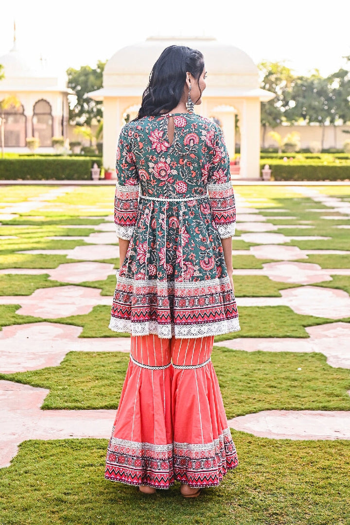 Pashto Printed Deep Green-Pink Embroidered Flared Kurta & Sharara