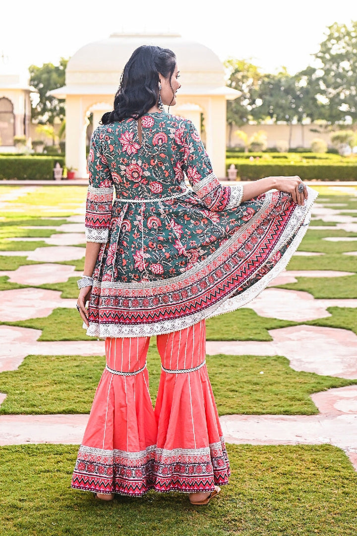 Pashto Printed Deep Green-Pink Embroidered Flared Kurta & Sharara