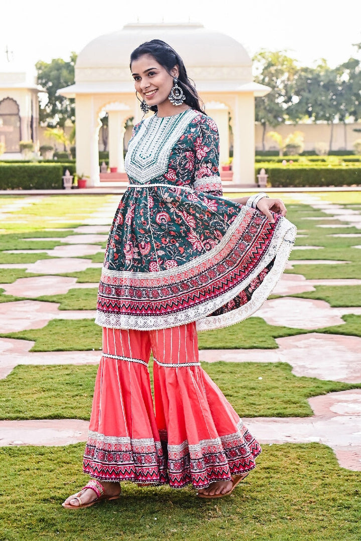 Pashto Printed Deep Green-Pink Embroidered Flared Kurta & Sharara