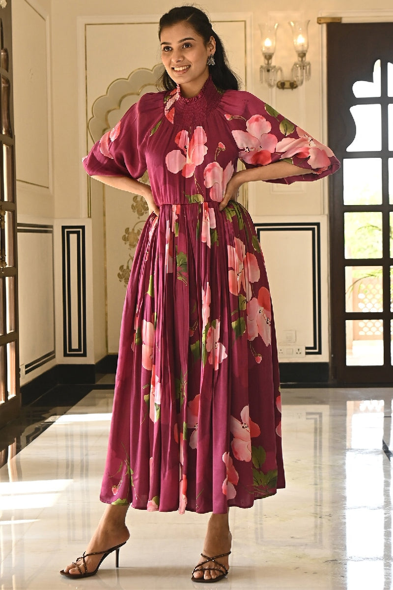 Puce Printed Maroon High Neck Dress With Balloon Sleeves